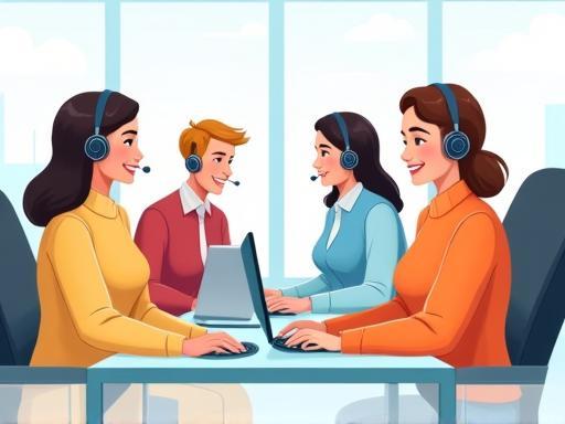 Illustration of a support team helping customers
